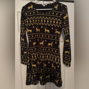 Women Tipsy Elves Black and Gold Patterned Holiday Dress